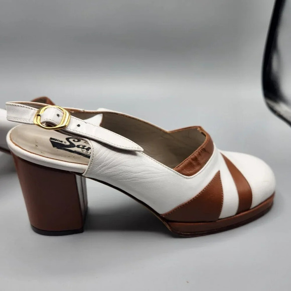 Vintage Platform Heels White  Brown Italy Size 6 - Picture 8 of 13